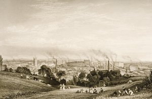 General View of Stockport, Lancashire som viser bomullsfabrikker, utgitt av J.C. Varrall (fl.1815-27) 1830-tallet